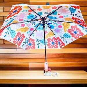 NWT Gorgeous Bon Bini PINK White, Orange & Yellow Floral 42” Auto Open Umbrella